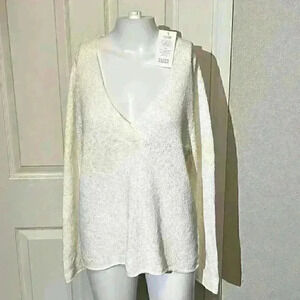 Eileen Fisher Textured Cotton Nylon V Neck Sweater Top Lightweight Large Womens